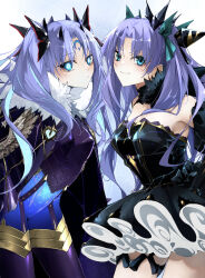 2girls absurdres bare_shoulders black_dress black_gloves blue_bodysuit blue_cloak blue_eyes blue_hair blush bodysuit bow breasts cloak detached_collar dress elbow_gloves ereshkigal_(fate) facial_mark fate/grand_order fate_(series) forehead_mark fur-trimmed_cloak fur_trim gloves hair_bow hair_ornament hair_ribbon highres horns ishtar_(fate) kino_kokko long_hair looking_at_viewer medium_breasts multicolored_hair multiple_girls parted_bangs ribbon smile space_ereshkigal_(fate) space_ereshkigal_(second_ascension)_(fate) space_ishtar_(astarte_origin)_(fate) space_ishtar_(fate) symbol-shaped_pupils thighs two-tone_hair two_side_up