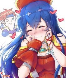 Rule 34 | 1boy, 1girl, asymmetrical sleeves, bare shoulders, blue eyes, blue hair, blush, commentary, dress, english commentary, closed eyes, fire emblem, fire emblem: the binding blade, fire emblem heroes, hat, heat, highres, imagining, ippers, jewelry, lilina (fire emblem), long hair, necklace, nintendo, red dress, red hair, smile, uneven sleeves