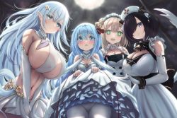 Rule 34 | 4girls, :d, absurdres, albion (azur lane), alternate breast size, azur lane, bare shoulders, blush, breasts, cleavage, closed mouth, commentary request, cowboy shot, hair between eyes, highres, huge breasts, janus (azur lane), jervis (azur lane), large breasts, lifting own clothes, looking at viewer, manchester (azur lane), medium breasts, multiple girls, navel, open mouth, panties, sideboob, sidelocks, small breasts, smile, standing, underwear, zusshii (libertasgenesis)