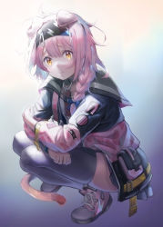 Rule 34 | 1girl, 3:, absurdres, animal ears, ankle boots, arknights, black hairband, black thighhighs, blue background, blue ribbon, blush, boots, bracelet, braid, cat ears, cat girl, cat tail, closed mouth, coat, collar, frown, garter straps, goldenglow (arknights), gradient background, hair ribbon, hairband, highres, infection monitor (arknights), jewelry, lightning bolt print, long hair, long sleeves, looking at viewer, open clothes, open coat, orange eyes, pine50, pink coat, pink footwear, pink hair, ribbon, single braid, skindentation, solo, squatting, tail, thighhighs