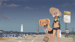 Rule 34 | 2girls, :o, aqua eyes, arms behind back, bag, beach, belt, bikini, black skirt, blonde hair, blue sky, breasts, brown eyes, building, collar, crop top, curly hair, day, denim, denim shorts, deras, english text, eyewear on head, front-tie top, hair ornament, hairclip, hat, holding, holding bag, horizon, jewelry, leaning forward, lighthouse, looking at viewer, midriff, miniskirt, multiple girls, navel, ocean, open belt, open clothes, open shirt, original, outdoors, pavement, pendant, pleated skirt, popped collar, road, road sign, sand, scenery, scrunchie, shirt, shopping bag, short hair, short shorts, shorts, sign, silver hair, skirt, sky, sleeveless, small breasts, standing, straw hat, sunglasses, sunlight, swimsuit, text focus, thigh strap, tinted eyewear, twintails, utility pole, v arms, water, wrist scrunchie, yellow-tinted eyewear, yellow eyes