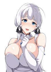 Rule 34 | 1girl, ahoge, areola slip, azur lane, bare shoulders, blue eyes, blush, breasts, cleavage, collarbone, covered erect nipples, detached collar, dress, elbow gloves, gloves, hair ribbon, illustrious (azur lane), large breasts, long hair, looking at viewer, mole, mole under eye, open mouth, ribbon, simple background, smile, solo, strapless, strapless dress, tawashi1623, tress ribbon, white background, white dress, white gloves, white hair, white theme