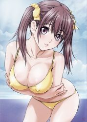Rule 34 | 1girl, absurdres, bent over, breasts, brown hair, covered erect nipples, highres, large breasts, lips, looking at viewer, nanno koto, original, purple eyes, solo, swimsuit