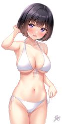 Rule 34 | 1girl, bare shoulders, bikini, black hair, blunt bangs, blush, breasts, collarbone, commentary request, cowboy shot, front-tie bikini top, front-tie top, inoue yurina, karutamo, large breasts, looking at viewer, navel, open mouth, original, purple eyes, short hair, side-tie bikini bottom, signature, simple background, solo, swimsuit, white background, white bikini