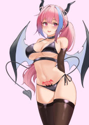Rule 34 | 1girl, :p, absurdres, arms behind back, bikini, black bikini, black wings, blue hair, breasts, brown gloves, brown thighhighs, cameltoe, collar, collarbone, commentary, cowboy shot, demon girl, demon horns, demon tail, demon wings, english commentary, gloves, gradient hair, hair intakes, hair on horn, heart, heart tattoo, highres, horns, large breasts, long hair, looking at viewer, mole, mole under eye, multicolored hair, navel piercing, original, parfait desu, parfy (parfait ehmy), piercing, pink eyes, pink hair, ponytail, pubic tattoo, purple background, purple hair, side-tie bikini bottom, skindentation, solo, spiked collar, spikes, stomach tattoo, streaked hair, string bikini, swimsuit, tail, tattoo, thighhighs, tongue, tongue out, underboob, very long hair, wings