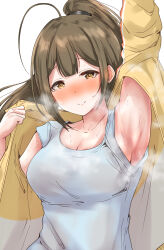 Rule 34 | 1girl, ahoge, arm up, armpits, black bow, blush, bow, breasts, brown eyes, brown hair, cleavage, closed mouth, clothes pull, collarbone, dot nose, hair bow, highres, idolmaster, idolmaster shiny colors, jacket, kuwayama chiyuki, large breasts, long hair, looking at viewer, machismo fuji, multicolored clothes, multicolored jacket, open clothes, open jacket, ponytail, simple background, smile, solo, steam, sweat, tank top, track jacket, two-tone jacket, upper body, white background, white tank top