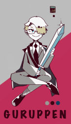 Rule 34 | 1boy, absurdres, black footwear, black necktie, blonde hair, blue eyes, cape, character name, collared shirt, color guide, formal, full body, glasses, glint, grey background, grey jacket, grey pants, grin, gruppen fuhrer, hair ornament, hair over one eye, hairclip, hand up, happy, highres, holding, holding sword, holding weapon, indian style, jacket, kamonabe (kamonabeekon), long sleeves, looking to the side, male focus, marumaru no shuyaku wa wareware da!, muted color, necktie, pants, red background, semi-rimless eyewear, shirt, shoes, short hair, simple background, sitting, smile, solo, straight-on, suit, sword, teeth, two-tone background, weapon, white shirt