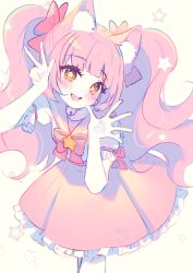 Rule 34 | 1other, :d, animal ears, bell, blunt bangs, blush, bow, bowtie, brooch, cat ears, colored skin, cowboy shot, dot nose, frilled skirt, frills, hair bow, hands up, hyanna-natsu, jewelry, long hair, looking at viewer, magical star (millie (mahoustars)), medium skirt, neck bell, open mouth, orange eyes, original, pink bow, pink bowtie, pink hair, pink sailor collar, pink skirt, puffy short sleeves, puffy sleeves, sailor collar, sailor shirt, shirt, short sleeves, sidelocks, simple background, skirt, smile, solo, spread fingers, star (symbol), star in eye, symbol in eye, tied sleeves, twintails, v, very long hair, wavy hair, white background, white shirt, white skin
