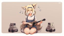 Rule 34 | 1girl, absurdres, animal ear fluff, animal ears, arknights, artist name, blonde hair, blue hairband, blue overalls, border, brown background, closed eyes, commentary, earpiece, eighth note, fox ears, gradient hair, hair rings, hairband, highres, if f, instrument, kitsune, kyuubi, lens (arknights), medium hair, multicolored hair, multiple tails, music, musical note, open mouth, overalls, playing instrument, quarter note, robot, seiza, shirt, short sleeves, sitting, smile, solo, suzuran (arknights), t-shirt, tail, ukulele, white border, white hair, white shirt