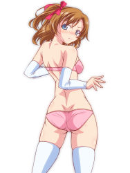 Rule 34 | 10s, 1girl, ass, back, blue eyes, blush, bow, bra, breasts, closed mouth, cowboy shot, detached sleeves, embarrassed, from behind, frown, hair bow, hair ribbon, kikuchi tsutomu, kosaka honoka, long hair, looking at viewer, looking back, love live!, love live! school idol project, one side up, orange hair, panties, pink bra, pink panties, red ribbon, ribbon, short hair, side ponytail, simple background, skindentation, small breasts, solo, standing, strapless, strapless bra, sweatdrop, thighhighs, underwear, white background, white sleeves, white thighhighs