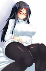 Rule 34 | 1girl, black hair, breasts, curvy, gradient background, hair ornament, hairclip, highres, huge breasts, long hair, looking at viewer, original, pantyhose, parted lips, red eyes, ribbed sweater, shadow, sitting, solo, souma (ordures), sweater, thick thighs, thighs, white background, wide hips