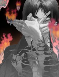 Rule 34 | 1boy, absurdres, aged up, bird shadow puppet, burning, covered mouth, eren yeager, fingernails, fire, hand on own face, hands up, highres, jacket, long sleeves, looking at viewer, male focus, medium hair, monochrome, one eye covered, own hands together, parted bangs, peeking through fingers, shingeki no kyojin, solo, spot color, upper body, zzzzzzzzzzz10