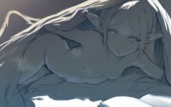 Rule 34 | 1girl, bed invitation, bed sheet, blanket, commentary, elf, english commentary, expressionless, flat chest, frieren, hews, highres, long hair, looking at viewer, lying, monochrome, navel, nipples, nude, on bed, on side, parted bangs, pointy ears, sketch, solo, sousou no frieren, thick eyebrows, thighs, twintails, under covers