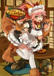 Rule 34 | 1girl, alternate costume, animal ears, apron, bell, blush stickers, breasts, collar, fangs, fate/grand order, fate (series), female focus, food, fox ears, fox tail, hair ribbon, large breasts, looking at viewer, maid, maid apron, maid headdress, neck bell, open mouth, pink hair, ribbon, solo, tail, tamamo (fate), tamamo cat (fate), tamamo cat (second ascension) (fate), tamamo no mae (fate/extra), thighhighs, white thighhighs, yellow eyes