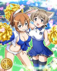 Rule 34 | 2girls, animal ears, artist request, breasts, brown hair, charlotte e. yeager, cleavage, hair between eyes, holding, holding pom poms, looking at viewer, lynette bishop, multiple girls, navel, official art, open mouth, pom pom (cheerleading), pom poms, rabbit girl, short hair, strike witches, striped, teeth, world witches series