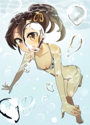 Rule 34 | 1girl, :o, air bubble, barefoot, bikini, breasts, brown eyes, brown hair, bubble, cleavage, foreshortening, futami mami, idolmaster, idolmaster (classic), laki, open mouth, short hair, side ponytail, small breasts, solo, swimsuit, thigh gap, underwater, water
