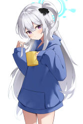 Rule 34 | 1girl, absurdres, blue archive, blue halo, blue hoodie, blush, braid, closed mouth, cowboy shot, cup, grey hair, hair between eyes, halo, highres, holding, holding cup, hood, hood down, hoodie, long hair, long sleeves, looking at viewer, miyako (blue archive), miyako (young) (blue archive), moepu., one side up, purple eyes, simple background, solo, white background