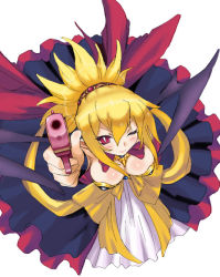 Rule 34 | 1girl, aiming, aiming at viewer, bat wings, blonde hair, blush, bow, breasts, bright pupils, cleavage, demon girl, disgaea, dr.p, dress, from above, gun, handgun, large breasts, makai senki disgaea 2, nippon ichi, one eye closed, pistol, pointy ears, red eyes, rozalin, slit pupils, solo, weapon, wings, wink, yellow bow