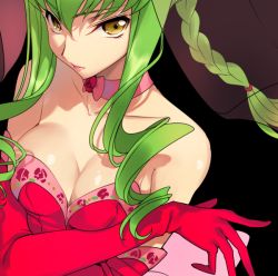 Rule 34 | 1girl, alternate costume, alternate hairstyle, bare shoulders, black background, braid, breasts, c.c., choker, code geass, collarbone, creayus, dress, drill hair, elbow gloves, floral print, from above, gloves, green hair, hair tie, lips, long hair, looking at viewer, looking up, medium breasts, parted lips, pink choker, pink lips, red dress, red gloves, see-through, shiny skin, sidelocks, simple background, single braid, smile, solo, strapless, strapless dress, tsurime, upper body, veil, yellow eyes
