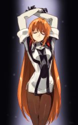 Rule 34 | 1girl, arms up, closed mouth, dress, elhaym van houten, closed eyes, feet out of frame, gloves, highres, long hair, optionaltypo, orange hair, pantyhose, solo, stretching, uniform, very long hair, xenogears