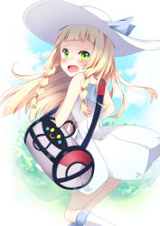 Rule 34 | 1girl, bag, bare shoulders, blonde hair, blue ribbon, blue sky, blunt bangs, blush, braid, breasts, cloud, collared dress, commentary request, cosmog, creatures (company), day, dress, duffel bag, from behind, game freak, gen 7 pokemon, green eyes, hair tie, hat, hat ribbon, highres, in bag, in container, kneehighs, legendary pokemon, lillie (pokemon), long hair, looking at viewer, looking back, nintendo, open mouth, poke ball theme, pokemon, pokemon (creature), pokemon sm, ribbon, see-through, sisterakuma, sky, sleeveless, sleeveless dress, small breasts, socks, standing, standing on one leg, sun hat, sundress, teardrop, tearing up, twin braids, white dress, white hat, white socks