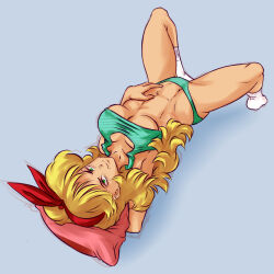 Rule 34 | 1girl, absurdres, aqua eyes, aqua panties, aqua tank top, arm behind head, armpits, blonde hair, blue background, breasts, cleavage, commentary, dragon ball, english commentary, hair ribbon, hand on own stomach, highres, long hair, looking at viewer, lunch (bad) (dragon ball), lunch (dragon ball), lying, medium breasts, navel, on back, panties, pillow, plague of gripes, red ribbon, ribbon, simple background, smile, smirk, socks, solo, spread legs, thighs, underwear, underwear only, white socks