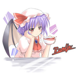 Rule 34 | 1girl, arm support, bat wings, cup, exe (artist), female focus, hat, lowres, purple hair, red eyes, remilia scarlet, smile, solo, teacup, touhou, wings, xe (execut3r)