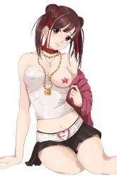 Rule 34 | 1girl, arm support, belt, black skirt, breasts, brown hair, chain, chain necklace, collar, collarbone, commentary request, crop top, double bun, gatsby ssl, hair bun, head tilt, highres, idolmaster, idolmaster shiny colors, jacket, jewelry, long sleeves, looking at viewer, medium breasts, midriff, miniskirt, navel, necklace, one breast out, pasties, pink jacket, pleated skirt, red collar, red eyes, short twintails, simple background, sitting, skirt, solo, sonoda chiyoko, star pasties, strapless, tube top, twintails, undressing, white background, white belt, white tube top, yokozuwari