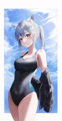 Rule 34 | 1girl, absurdres, animal ear fluff, animal ears, black jacket, black one-piece swimsuit, blue archive, blue eyes, blue sky, breasts, cloud, competition swimsuit, covered navel, cowboy shot, cross hair ornament, extra ears, grey hair, hair ornament, halo, highres, jacket, kim leeyoon, looking at viewer, medium breasts, medium hair, mismatched pupils, multicolored clothes, multicolored swimsuit, one-piece swimsuit, shiroko (blue archive), shiroko (swimsuit) (blue archive), sky, solo, standing, swimsuit