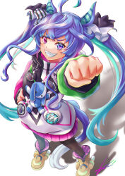 Rule 34 | 1girl, @ @, ahoge, animal ears, aqua hair, arm up, blue eyes, blue hair, boots, bow, brown pantyhose, clenched hand, commentary, crossed bangs, drawstring, from above, full body, grin, hair bow, hand on own hip, heterochromia, highres, hood, hoodie, horse ears, horse girl, horse tail, long hair, long sleeves, looking at viewer, multicolored clothes, multicolored hair, multicolored hoodie, pantyhose, purple eyes, raised fist, shadow, sharp teeth, sidelocks, signature, smile, solo, standing, striped bow, stuffed animal, stuffed rabbit, stuffed toy, tail, teeth, twin turbo (umamusume), twintails, two-tone hair, umamusume, white background, yam (yam6056), yellow footwear
