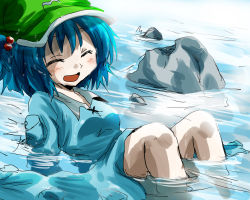 Rule 34 | 1girl, ^ ^, bare legs, blue hair, closed eyes, closed eyes, female focus, hair bobbles, hair ornament, hat, kawashiro nitori, open mouth, partially submerged, river, rock, skirt, smile, solo, touhou, two side up, unya, water