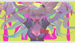 Rule 34 | 1girl, :d, :p, arms up, bear hair ornament, black shirt, blonde hair, blue eyes, blush, bow, breasts, cleavage, collarbone, danganronpa: trigger happy havoc, danganronpa (series), enoshima junko, fangs, grey eyes, hair ornament, large breasts, liliy1191, long hair, looking at viewer, nail polish, necktie, open mouth, outstretched arm, pink background, red bow, red nails, shiny skin, shirt, skirt, sleeves rolled up, smile, solo, teeth, tongue, tongue out, twintails, upper body, upper teeth only, yellow background
