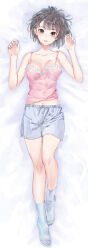 Rule 34 | 1girl, arms at sides, arms up, bare legs, bare shoulders, black eyes, black hair, blue reflection (series), blue reflection maboroshi ni mau shoujo no ken, blush, breasts, camisole, camisole lift, cleavage, clothes lift, collarbone, feet together, female focus, from above, full body, head tilt, knees together feet apart, lace, large breasts, leg up, legs, looking at viewer, lying, midriff peek, navel, neck, non-web source, one leg raised, open mouth, pink camisole, pink shirt, shirai hinako, shirt, shirt lift, short hair, shorts, simple background, socks, solo, thighs, white background, white socks