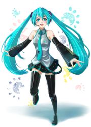Rule 34 | 1girl, aqua eyes, aqua hair, aqua nails, bare shoulders, black footwear, boots, breasts, detached sleeves, full body, hatsune miku, headset, jastersin21, long hair, nail polish, necktie, open mouth, running, shadow, skirt, solo, tattoo, thigh boots, thighhighs, twintails, very long hair, vocaloid, white background, wide sleeves, zettai ryouiki