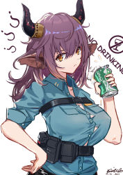 Rule 34 | 1girl, ?, absurdres, animal ears, arknights, artist name, beer can, belt, blue shirt, breast pocket, breasts, brown eyes, button gap, can, collared shirt, cow ears, dated, dress shirt, drink can, english text, highres, holding, holding can, horns, large breasts, looking at viewer, medium hair, pocket, purple hair, shirt, sideroca (arknights), signature, solo, upper body, utility belt, xiu kukkii