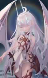 Rule 34 | 1girl, bare shoulders, breasts, closed eyes, dragon wings, dress, melusine (fate), melusine (final ascension) (fate), fate/grand order, fate (series), horns, long hair, panties, pelvic curtain, revealing clothes, sideboob, sidelocks, small breasts, solo, tail, thighs, underwear, vogel, white dress, white hair, white panties, wings