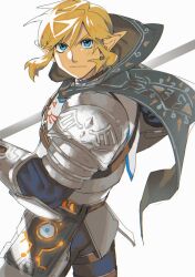 Rule 34 | 1boy, armor, blonde hair, blue eyes, cape, closed mouth, highres, hood, hood down, hooded cape, link, looking at viewer, male focus, nintendo, pointy ears, sagami jon, sheikah slate, shoulder plates, simple background, soldier&#039;s set (zelda), solo, the legend of zelda, the legend of zelda: breath of the wild, white background