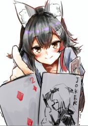 Rule 34 | 1girl, animal ear fluff, animal ears, black hair, blush, card, commentary request, hair between eyes, hair ornament, hairclip, holding, holding card, hololive, hololive english, hololive gamers, holomyth, japanese clothes, joker (playing card), kimono, long hair, looking at viewer, mooninkyuu, mori calliope, multicolored hair, ookami mio, outstretched arm, playing card, pov, red hair, sidelocks, simple background, smile, streaked hair, trembling, virtual youtuber, white background, wolf ears, wolf girl, yellow eyes, yukata