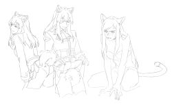 2girls animal_ears between_legs blush bra cat_ears cat_girl cat_tail closed_eyes closed_mouth clothes_lift commentary dog_ears dog_girl dog_tail english_commentary fujino_shizuru fuuka_academy_school_uniform greyscale guri_gom kemonomimi_mode kneeling kuga_natsuki mixed-language_commentary monochrome multiple_girls my-hime panties pleated_skirt school_uniform skirt skirt_lift smile sweat tail tail_between_legs thighhighs underwear yuri