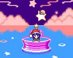 Rule 34 | 1girl, blue eyes, blue hair, cloud, crossover, doremy sweet, fountain, fountain of dreams, hat, kaelu, kirby, kirby (series), lowres, nightcap, nintendo, pixel art, pom pom (clothes), red hat, reflection, star (symbol), star rod, touhou, | |