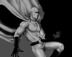 Rule 34 | 1boy, bald, boots, cape, clenched hand, gloves, greyscale, male focus, monochrome, muscular, one-punch man, saitama (one-punch man), solo, tariah furlow, zipper