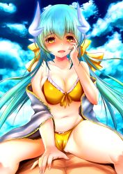 Rule 34 | 1girl, :d, absurdres, bare shoulders, bikini, blush, bow, breasts, cleavage, cloud, collarbone, dragon girl, dragon horns, fate/grand order, fate (series), green hair, hand on own face, highres, horns, izumikuu, kiyohime (fate), kiyohime (fate/grand order), kiyohime (swimsuit lancer) (fate), kiyohime (swimsuit lancer) (first ascension) (fate), large breasts, long hair, looking at viewer, low twintails, medium breasts, midriff, multiple horns, navel, open mouth, smile, solo focus, straddling, swimsuit, twintails, very long hair, yellow bikini, yellow bow, yellow eyes