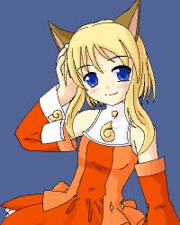 Rule 34 | 1girl, animal ears, bare shoulders, blonde hair, blue eyes, blush, detached sleeves, fox ears, long hair, looking at viewer, lowres, mozilla firefox, oekaki, os-tan, personification, smile, solo