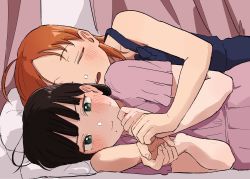 Rule 34 | 2girls, ahoge, bare arms, black hair, blush, closed mouth, commentary request, dress, closed eyes, green eyes, highres, hug, hug from behind, kurosawa dia, love live!, love live! sunshine!!, lying, mole, mole under mouth, multiple girls, okura 0426, on side, orange hair, parted lips, pink dress, short sleeves, sleeping, takami chika, upper body, wavy mouth, yuri