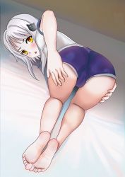 Rule 34 | 1girl, ass, barefoot, blush, feet, gym uniform, hair ornament, hairclip, hands on ass, high school dxd, looking at viewer, looking back, medium hair, parted lips, shorts, soles, toes, toujou koneko, white hair, yellow eyes