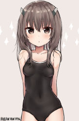 Rule 34 | 1girl, alternate costume, bad id, bad pixiv id, bare shoulders, black one-piece swimsuit, breasts, brown eyes, brown hair, collarbone, competition school swimsuit, cowboy shot, gantan, grey background, headgear, highres, kantai collection, looking at viewer, one-piece swimsuit, pink background, school swimsuit, short hair, simple background, small breasts, solo, sparkle, standing, swimsuit, taihou (kancolle), triangle mouth, twitter username