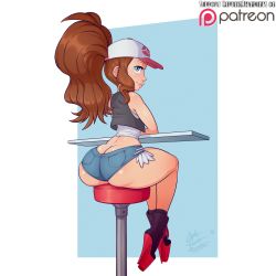 Rule 34 | 1girl, ass, baseball cap, blue eyes, boots, breasts, brown hair, butt crack, captainjerkpants, creatures (company), crossed arms, denim, denim shorts, full body, game freak, hat, high heel boots, high heels, highres, hilda (pokemon), huge ass, lips, looking at viewer, nintendo, pokemon, pokemon bw, short shorts, shorts, sitting, smile, solo, tank top, vest