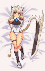 Rule 34 | 1girl, animal ears, bed sheet, bell, black socks, blue eyes, body markings, cat ears, cat girl, cat tail, closed mouth, cougar (cougar1404), dakimakura (medium), from above, gluteal fold, heterochromia, jacket, jingle bell, light frown, long hair, long sleeves, looking at viewer, lying, on back, on bed, original, panties, paw pose, shoes, silui (cougar1404), socks, solo, sweatdrop, sword, tail, tan, thigh gap, thigh strap, tiger stripes, underwear, weapon, white footwear, white jacket, white panties, yellow eyes