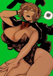 1girl armpit_crease black_jacket black_leotard bow bowtie breasts brown_hair cowboy_shot green_background highres hino_888 huge_breasts jacket jacket_on_shoulders leotard limbus_company looking_to_the_side mole mole_on_breast open_mouth orange_eyes outis_(project_moon) playboy_bunny project_moon red_bow red_bowtie simple_background solo speech_bubble spoken_squiggle squiggle sweat thought_bubble watch wristwatch