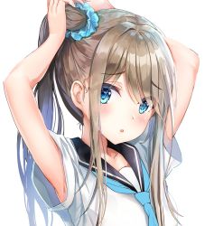 Rule 34 | 1girl, armpits, arms up, blue eyes, blue neckwear, blue scrunchie, blush, brown hair, dana (hapong07), hair ornament, hair scrunchie, highres, long hair, looking at viewer, open mouth, original, sailor collar, scrunchie, shirt, short sleeves, side ponytail, simple background, solo, tying hair, upper body, white background, white shirt